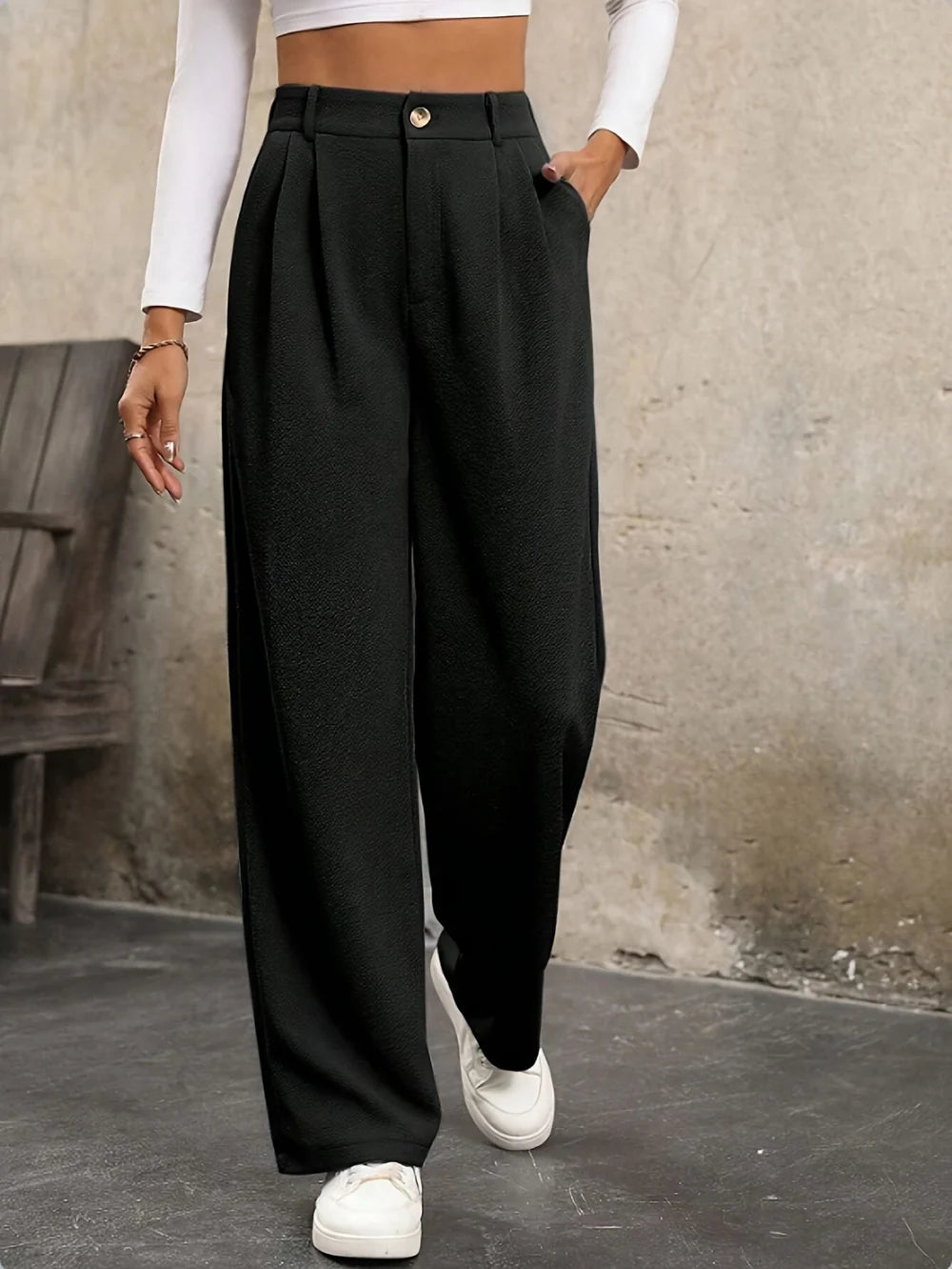 Mirabelle - High-Waisted Pleated Trousers with Button Detail