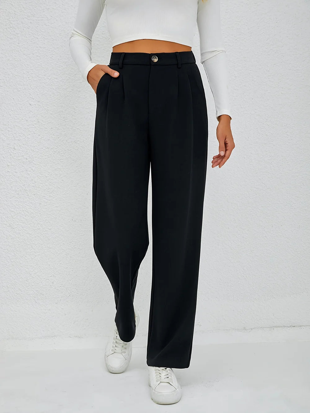 Mirabelle - High-Waisted Pleated Trousers with Button Detail