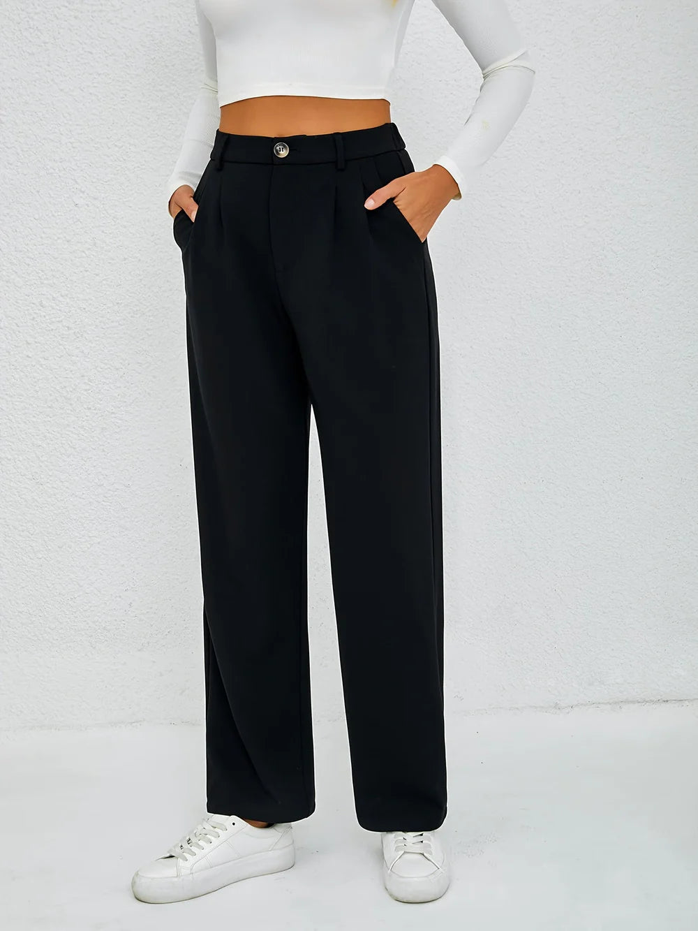 Mirabelle - High-Waisted Pleated Trousers with Button Detail