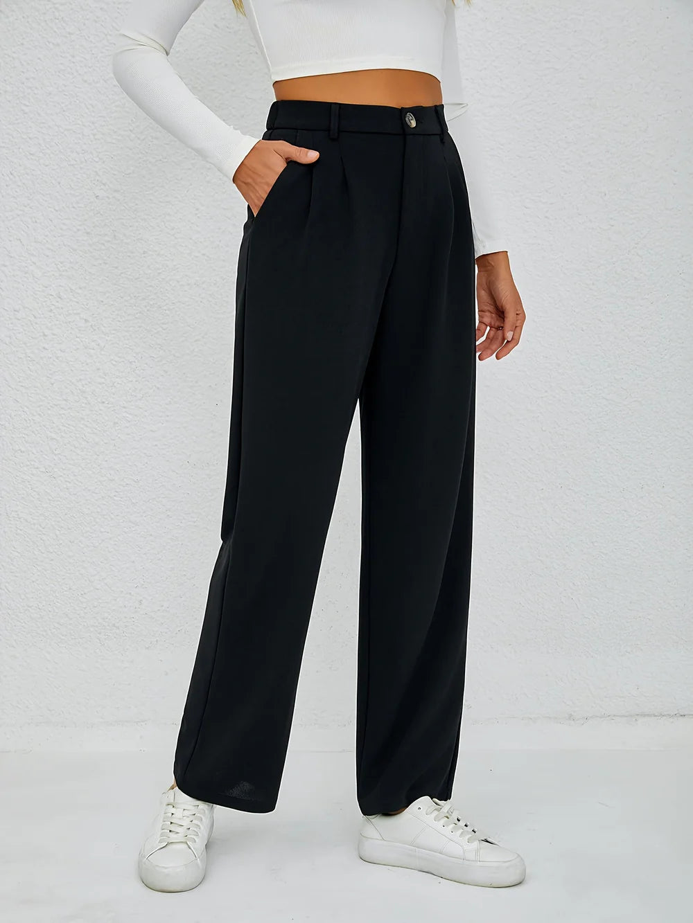 Mirabelle - High-Waisted Pleated Trousers with Button Detail