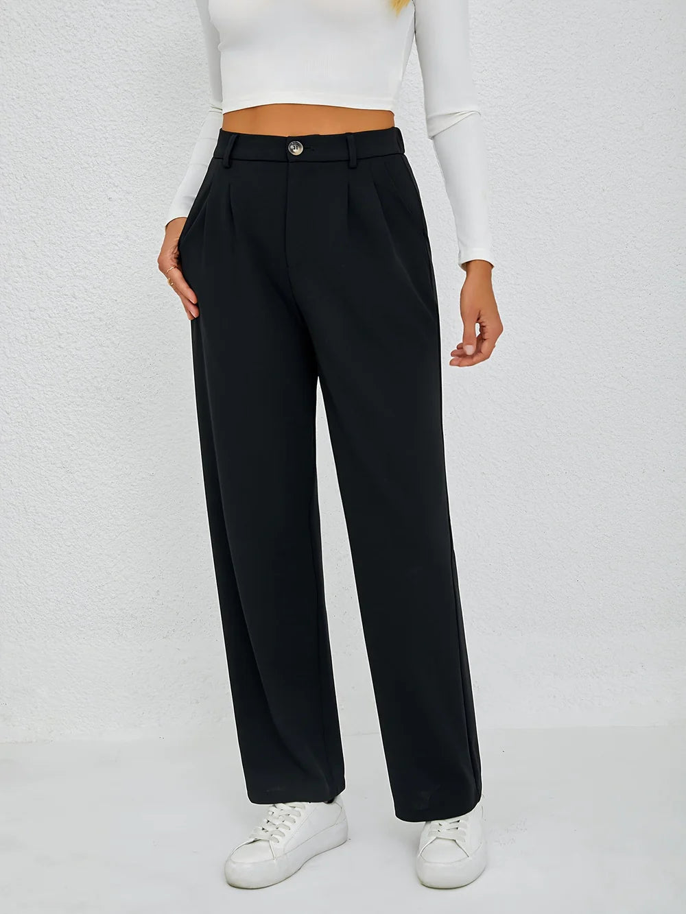 Mirabelle - High-Waisted Pleated Trousers with Button Detail