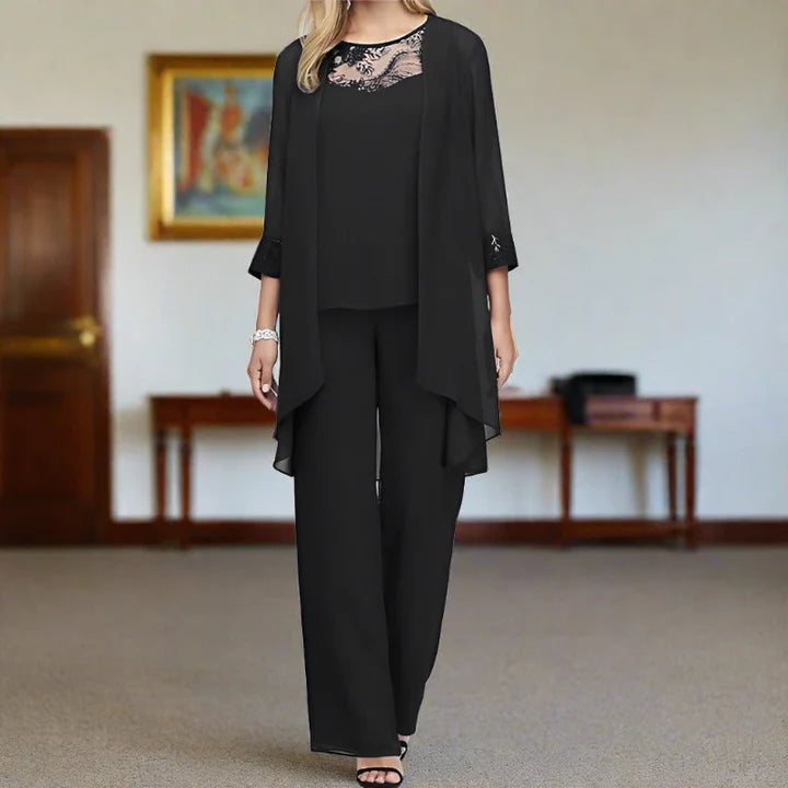 Miranda – Pant Suit with Lace Yoke and Draped Jacket