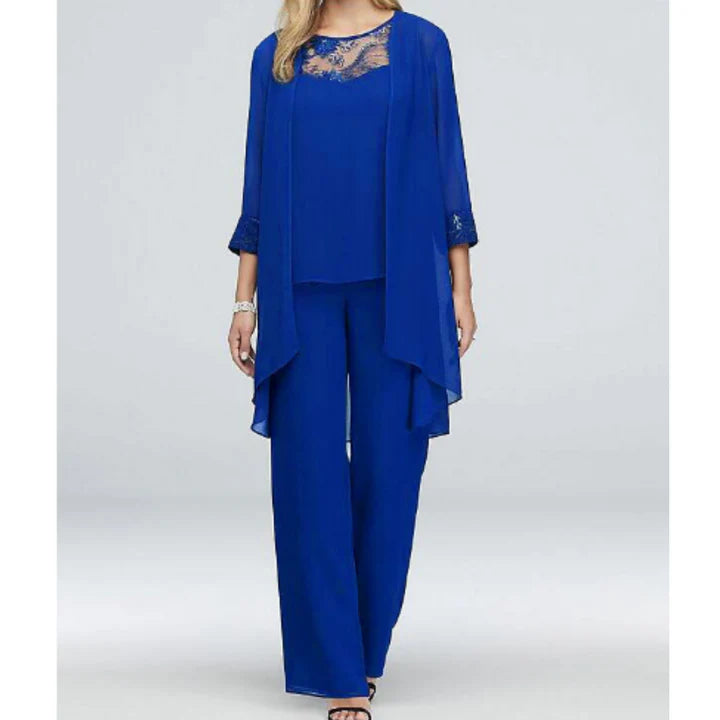 Miranda – Pant Suit with Lace Yoke and Draped Jacket