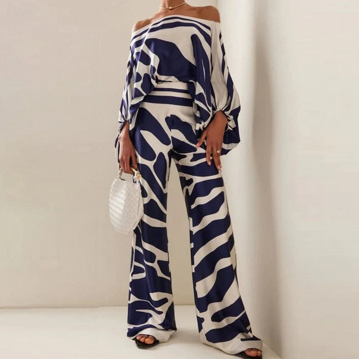 Natalia - Off-Shoulder Wide-Leg Jumpsuit with Draped Sleeves and Wavy Print