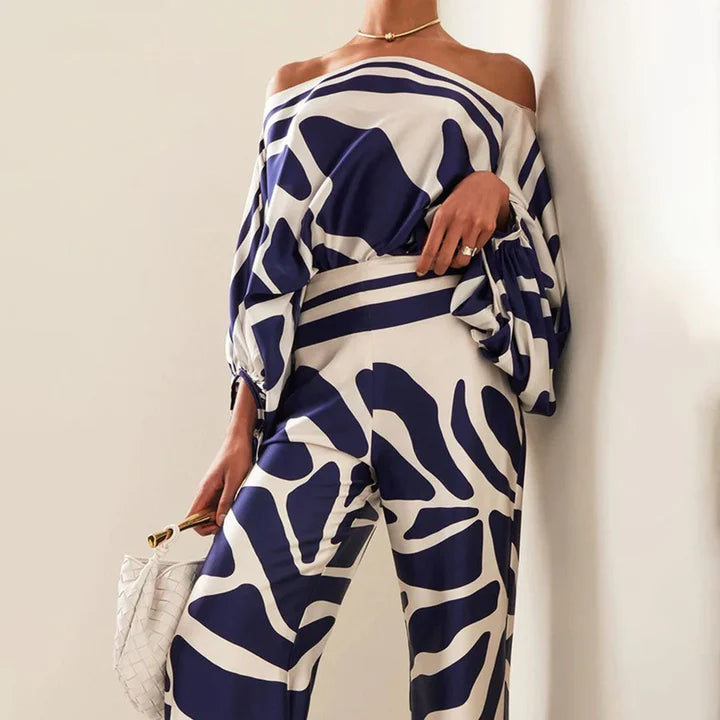 Natalia - Off-Shoulder Wide-Leg Jumpsuit with Draped Sleeves and Wavy Print