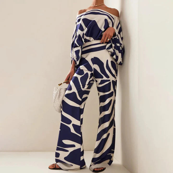 Natalia - Off-Shoulder Wide-Leg Jumpsuit with Draped Sleeves and Wavy Print