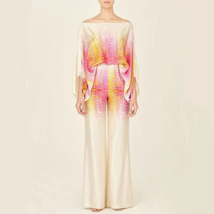 Natalia - Off-Shoulder Wide-Leg Jumpsuit with Draped Sleeves and Wavy Print
