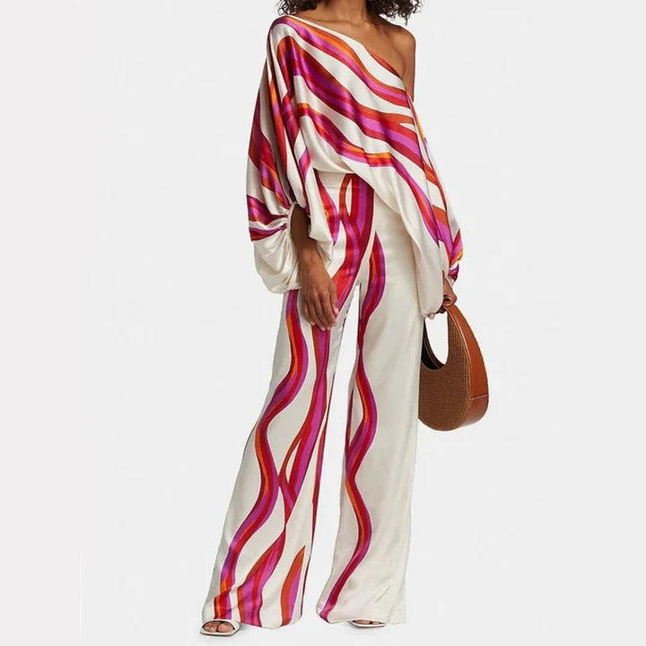 Natalia - Off-Shoulder Wide-Leg Jumpsuit with Draped Sleeves and Wavy Print