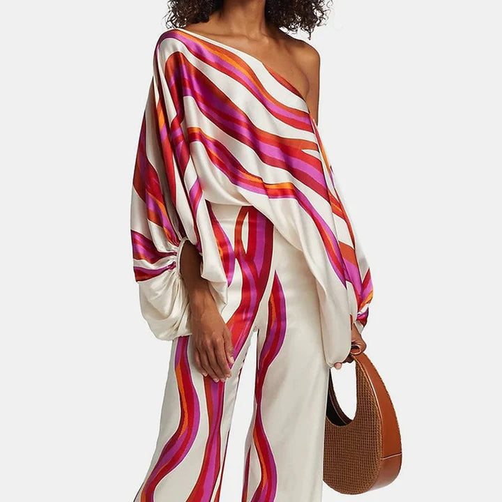 Natalia - Off-Shoulder Wide-Leg Jumpsuit with Draped Sleeves and Wavy Print