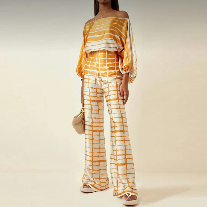Natalia - Off-Shoulder Wide-Leg Jumpsuit with Draped Sleeves and Wavy Print