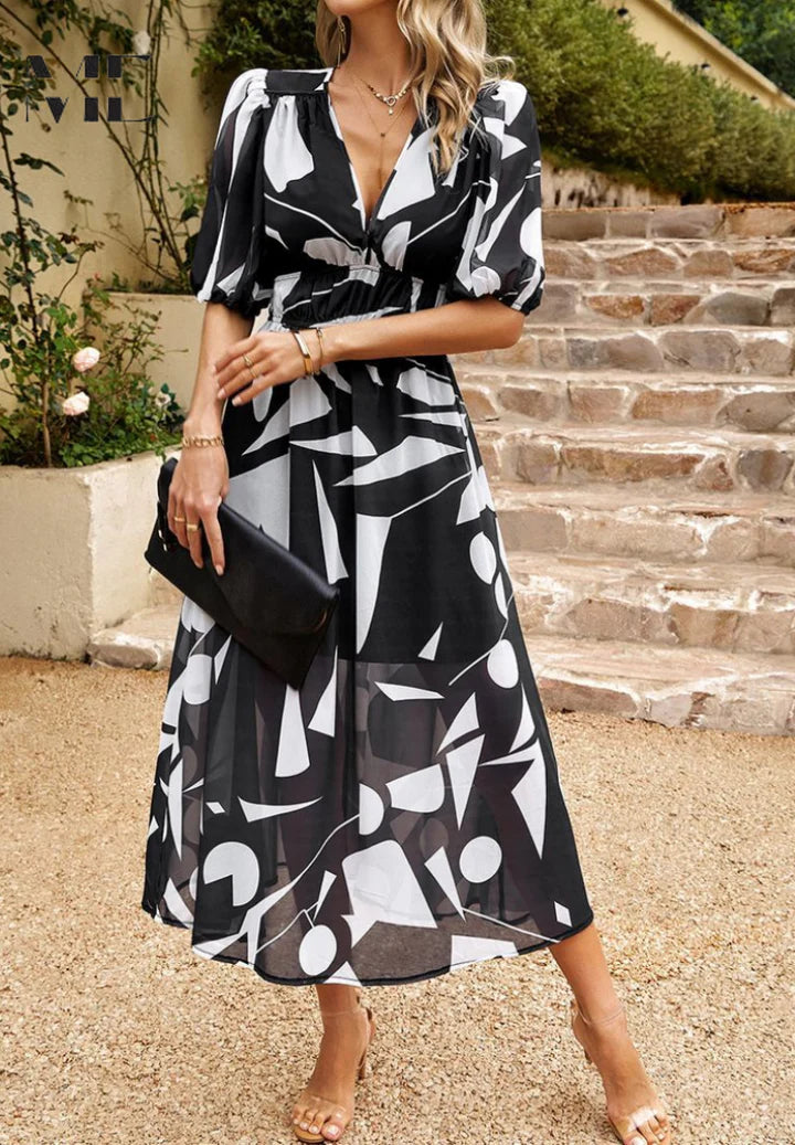 Nina – Casual Puff Sleeve Dress with Empire Waist and Flared Hem