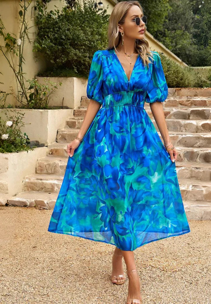 Nina – Casual Puff Sleeve Dress with Empire Waist and Flared Hem