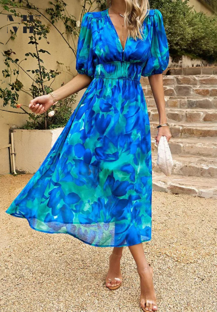 Nina – Casual Puff Sleeve Dress with Empire Waist and Flared Hem