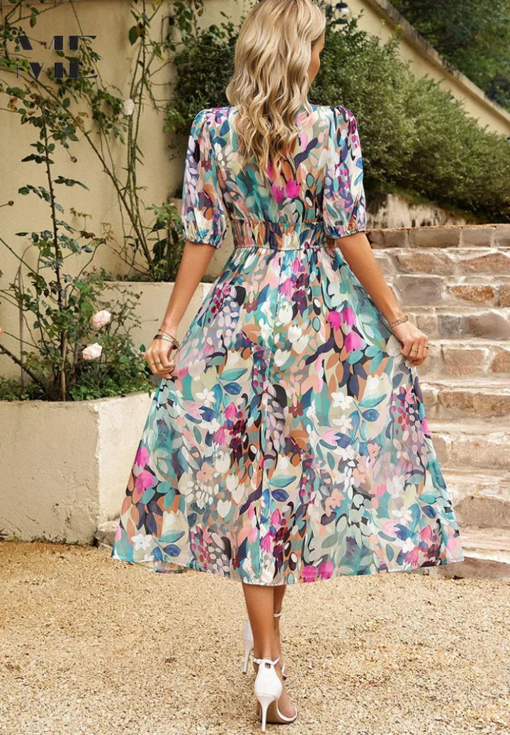 Nina – Casual Puff Sleeve Dress with Empire Waist and Flared Hem