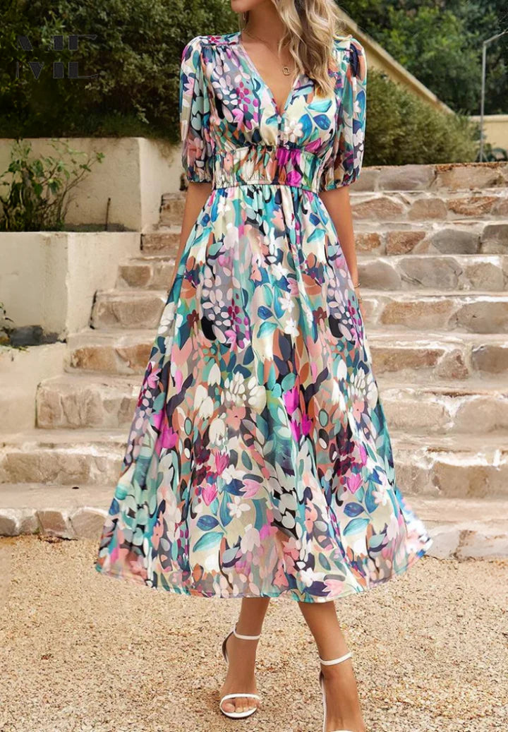 Nina – Casual Puff Sleeve Dress with Empire Waist and Flared Hem