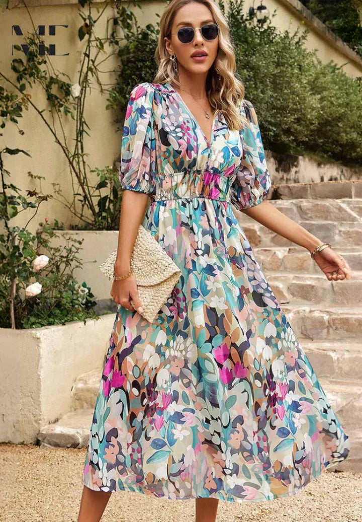 Nina – Casual Puff Sleeve Dress with Empire Waist and Flared Hem