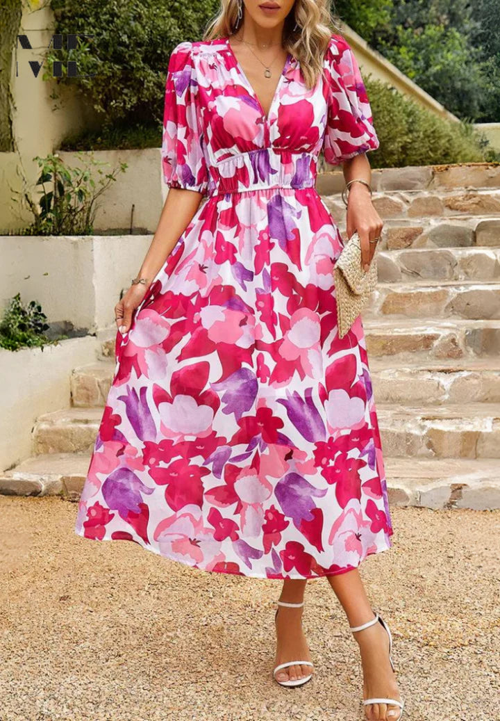 Nina – Casual Puff Sleeve Dress with Empire Waist and Flared Hem