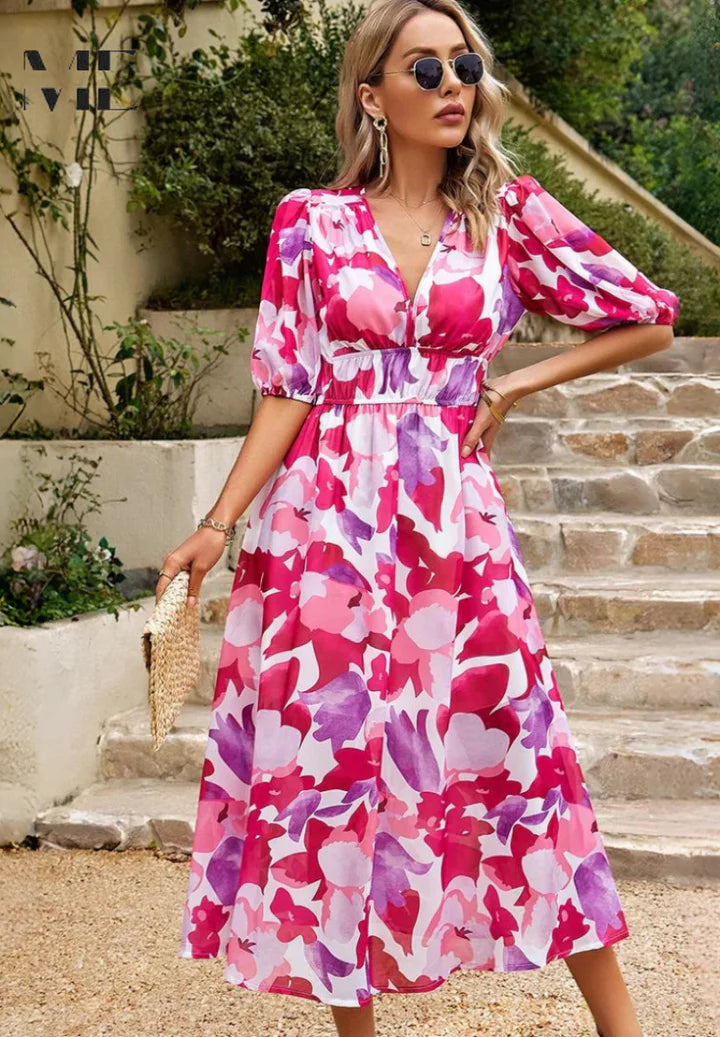Nina – Casual Puff Sleeve Dress with Empire Waist and Flared Hem
