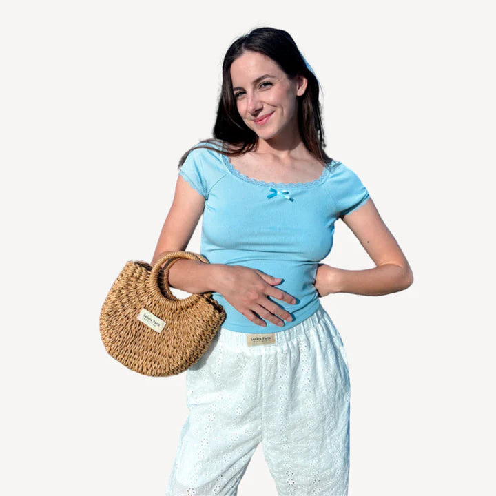 Vespera – Short Sleeve Ribbed Top with Scoop Neck and Lace Finish