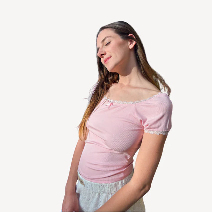 Vespera – Short Sleeve Ribbed Top with Scoop Neck and Lace Finish
