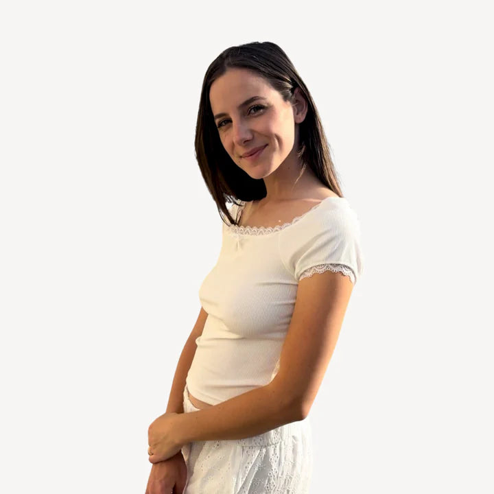 Vespera – Short Sleeve Ribbed Top with Scoop Neck and Lace Finish