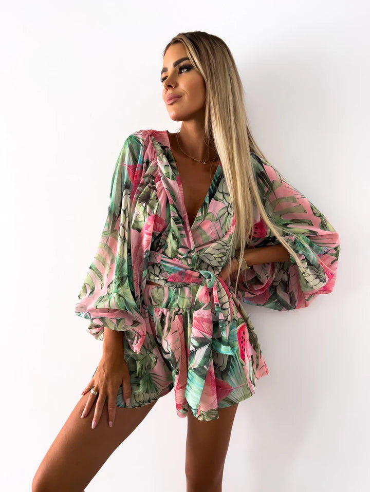 Nadia – V-Neck Tropical Romper with Relaxed Fit
