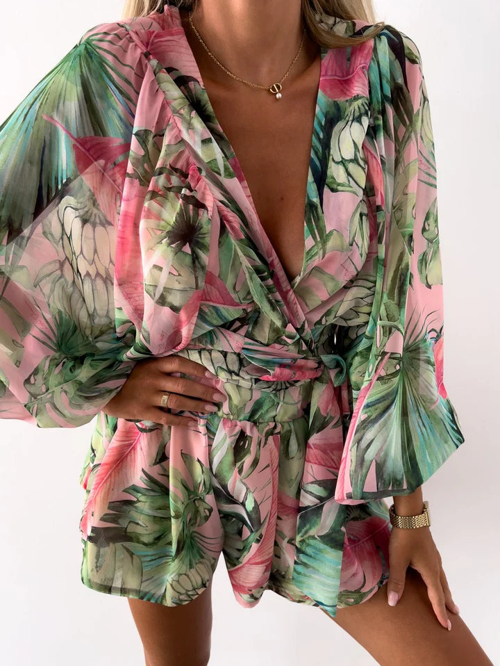 Nadia – V-Neck Tropical Romper with Relaxed Fit