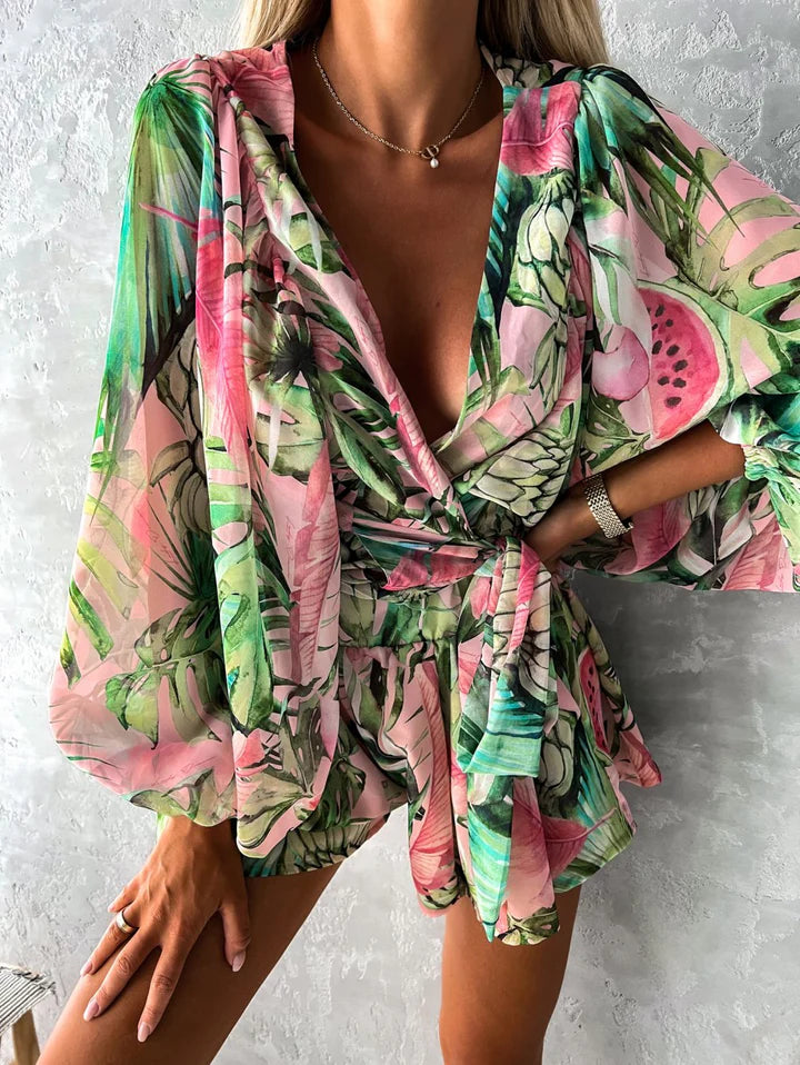 Nadia – V-Neck Tropical Romper with Relaxed Fit