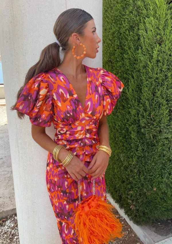 Noelle – Bold Print Midi Dress with Gathered Waist and Puff Sleeves