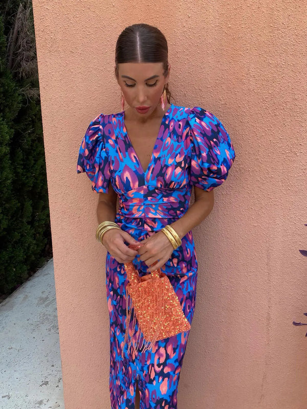 Noelle – Bold Print Midi Dress with Gathered Waist and Puff Sleeves