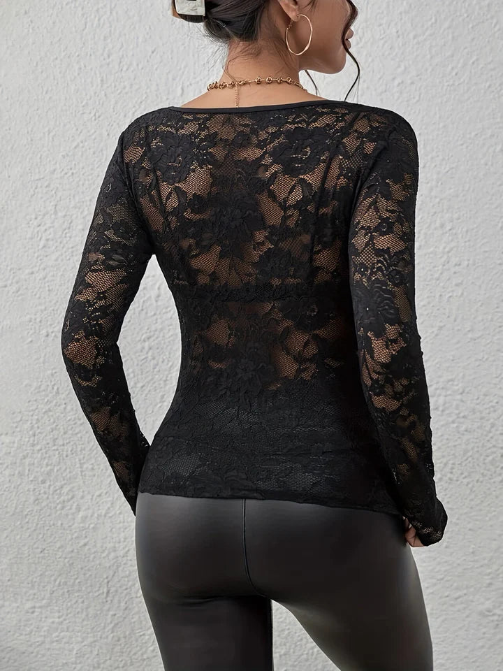 Nora - Lace Bodysuit Top with Scalloped V-Neck and Sheer Long Sleeves