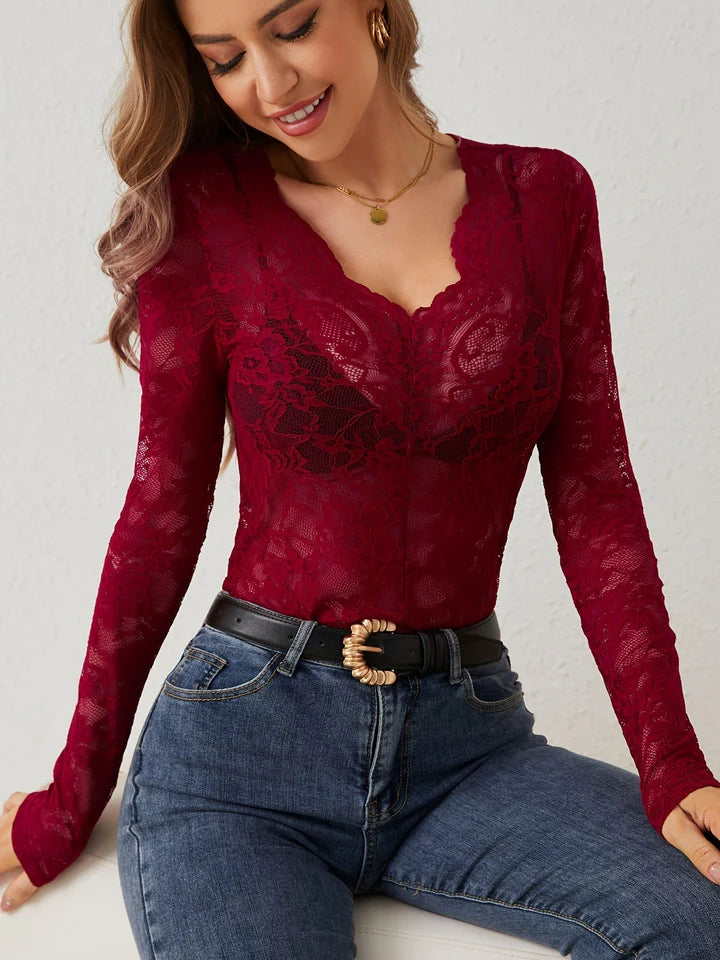 Nora - Lace Bodysuit Top with Scalloped V-Neck and Sheer Long Sleeves