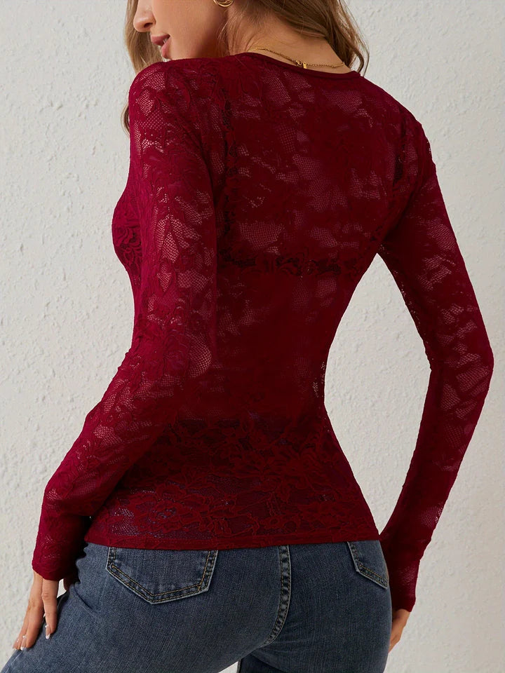 Nora - Lace Bodysuit Top with Scalloped V-Neck and Sheer Long Sleeves