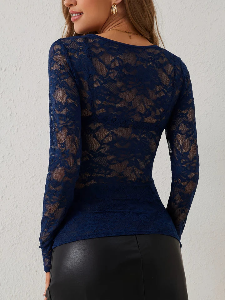 Nora - Lace Bodysuit Top with Scalloped V-Neck and Sheer Long Sleeves