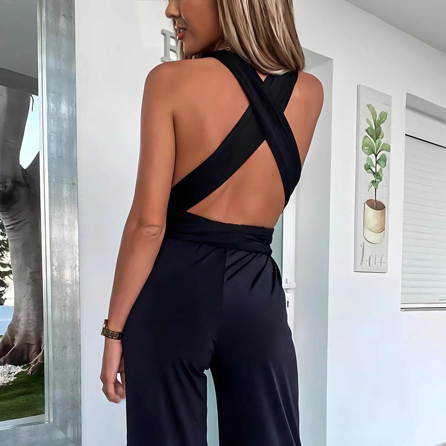 Norelle - Plunge Halter Jumpsuit with Waist Tie Detail