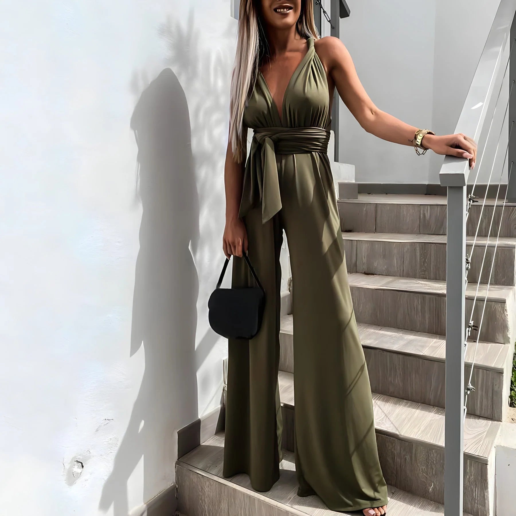 Norelle - Plunge Halter Jumpsuit with Waist Tie Detail