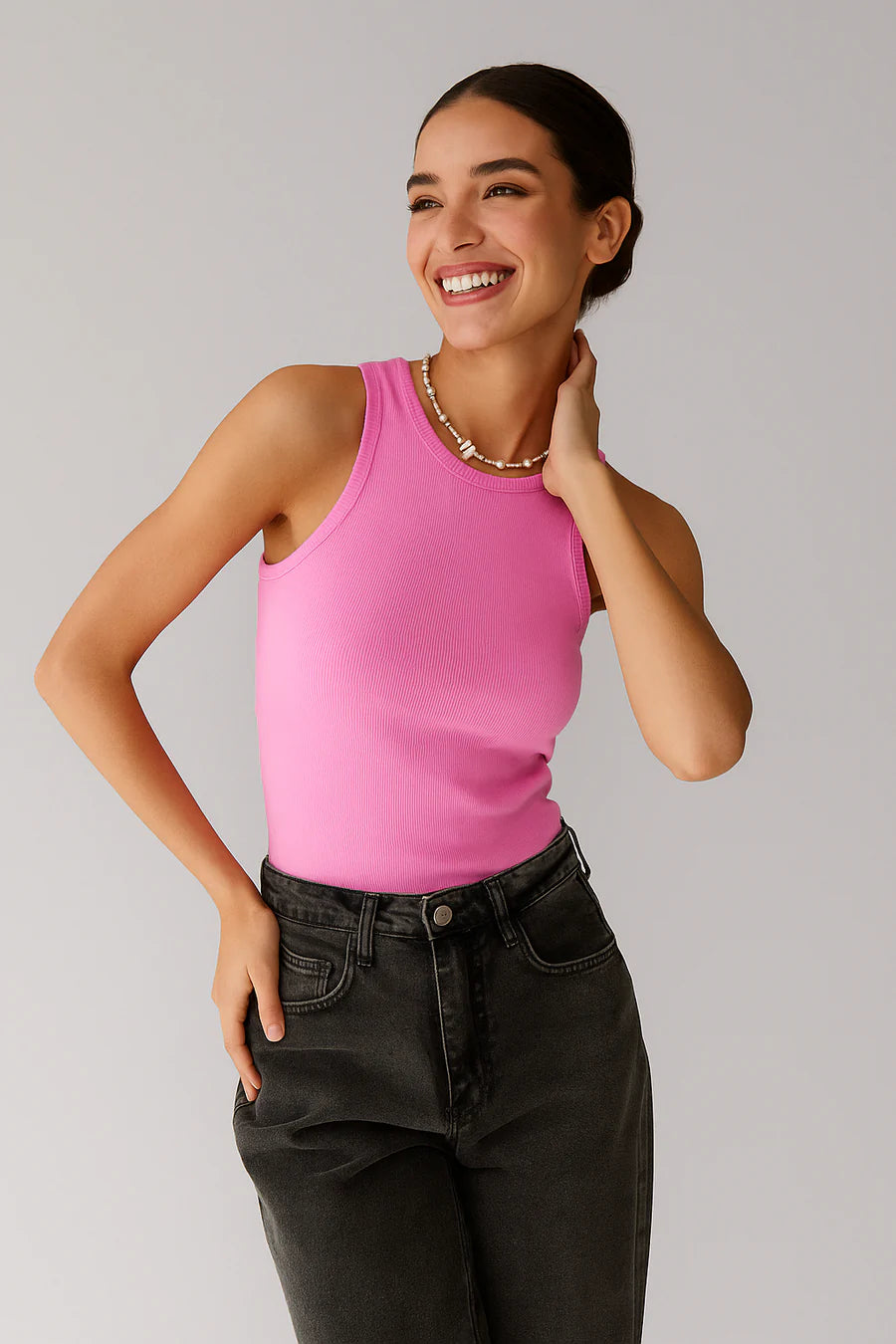 Nyla - Ribbed Sleeveless Top with High Neckline and Sculpted Fit