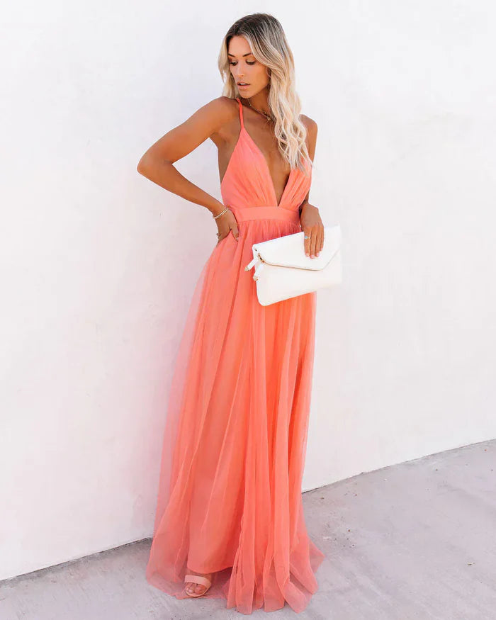Odette - Tulle Maxi Dress with Deep V-Neck and Adjustable Straps