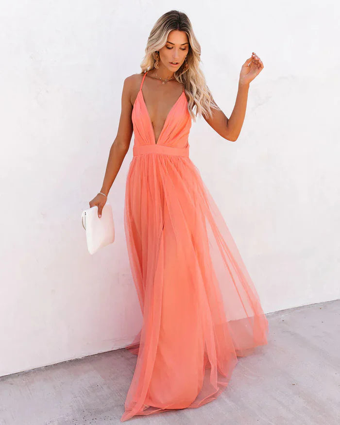 Odette - Tulle Maxi Dress with Deep V-Neck and Adjustable Straps