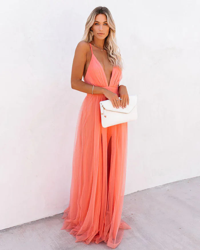 Odette - Tulle Maxi Dress with Deep V-Neck and Adjustable Straps