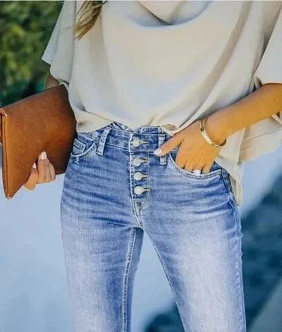 Olivia - High-Waisted Flared Jeans with Button Detail