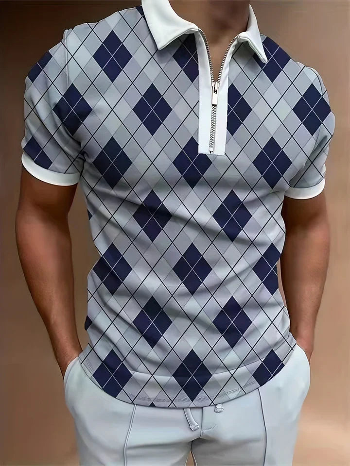 Owen – Polo Shirt with Zip Collar and Argyle Pattern