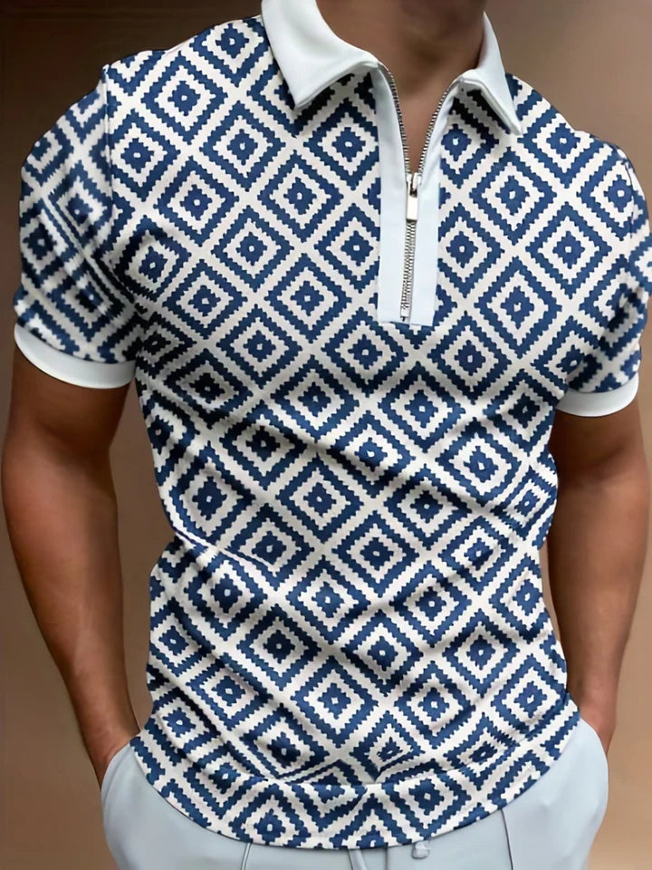 Owen – Polo Shirt with Zip Collar and Argyle Pattern