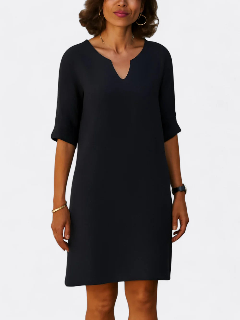 Rosalie - Shift Dress with Notch Neckline and Elbow-Length Sleeves