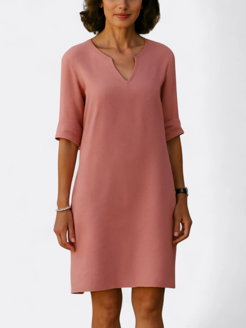Rosalie - Shift Dress with Notch Neckline and Elbow-Length Sleeves