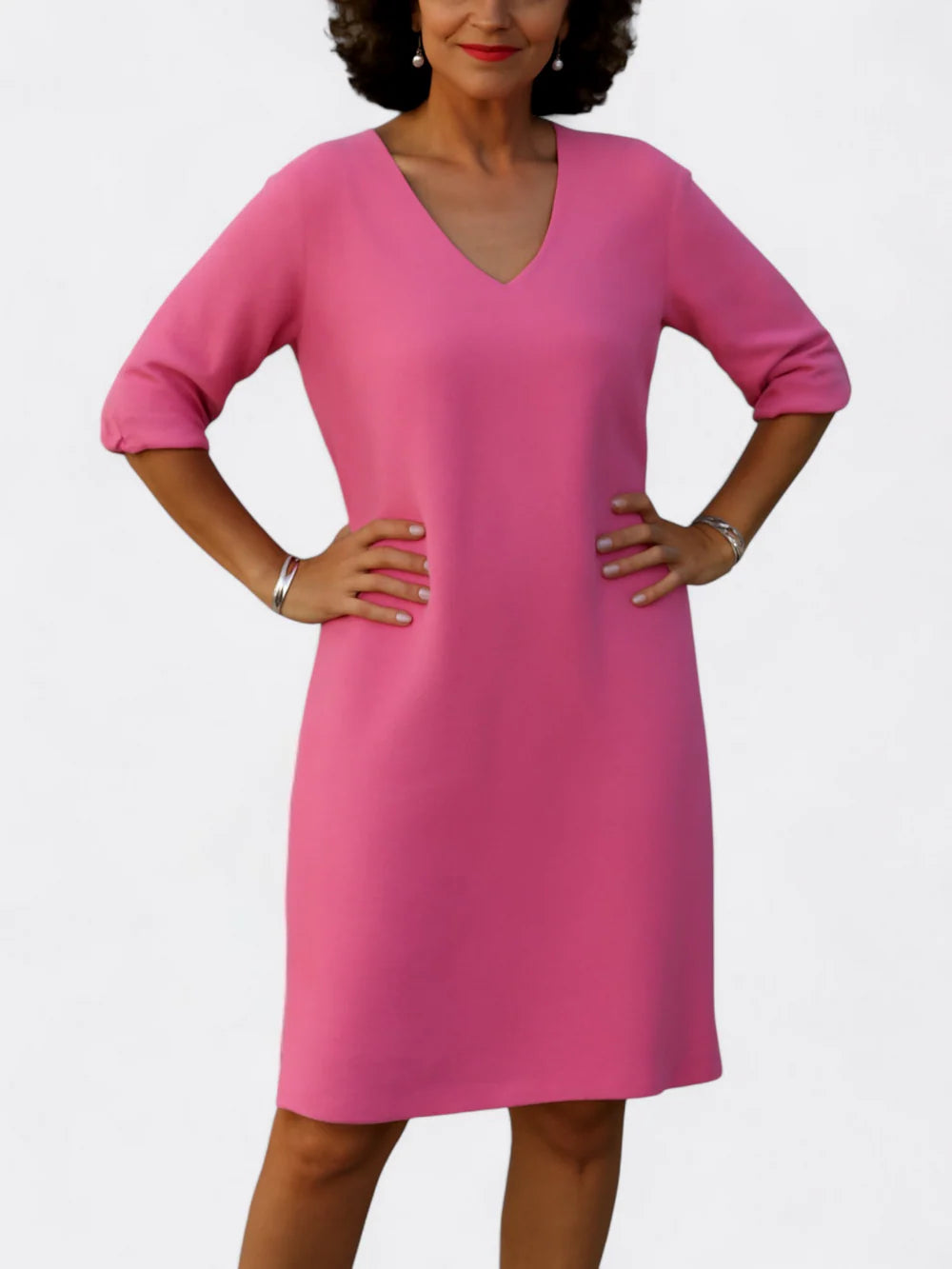 Rosalie - Shift Dress with Notch Neckline and Elbow-Length Sleeves