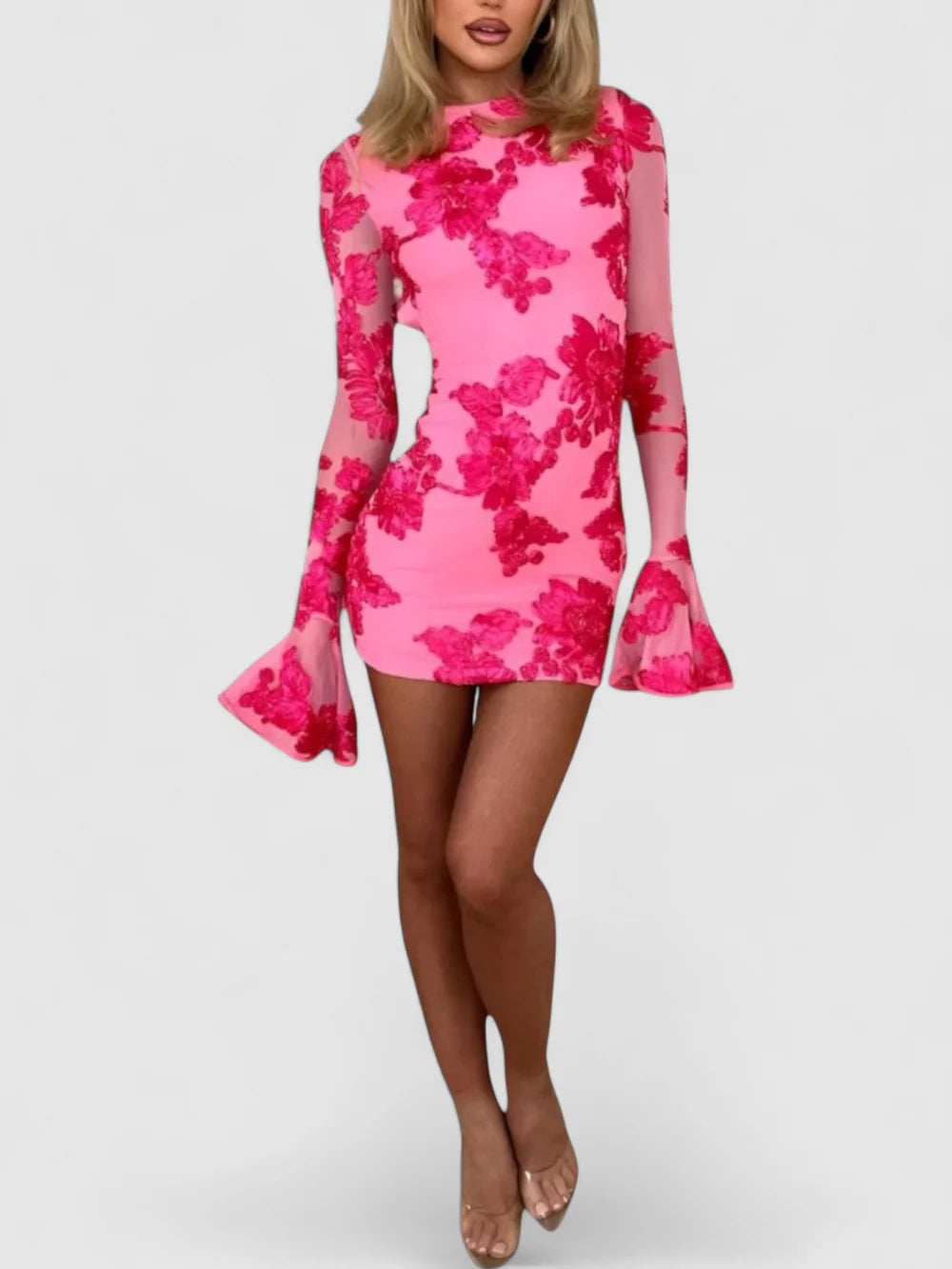 Rosalie – Floral Embroidered Mini Dress with Flared Long Sleeves