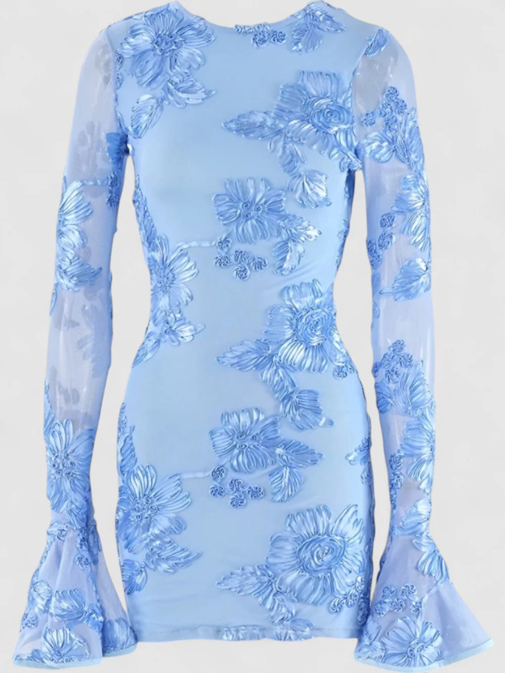 Rosalie – Floral Embroidered Mini Dress with Flared Long Sleeves