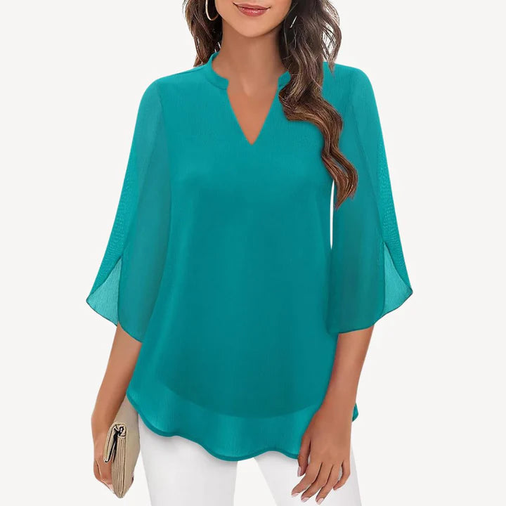 Amara – Dressy Blouse with Slit Sleeves and Structured V-Neckline