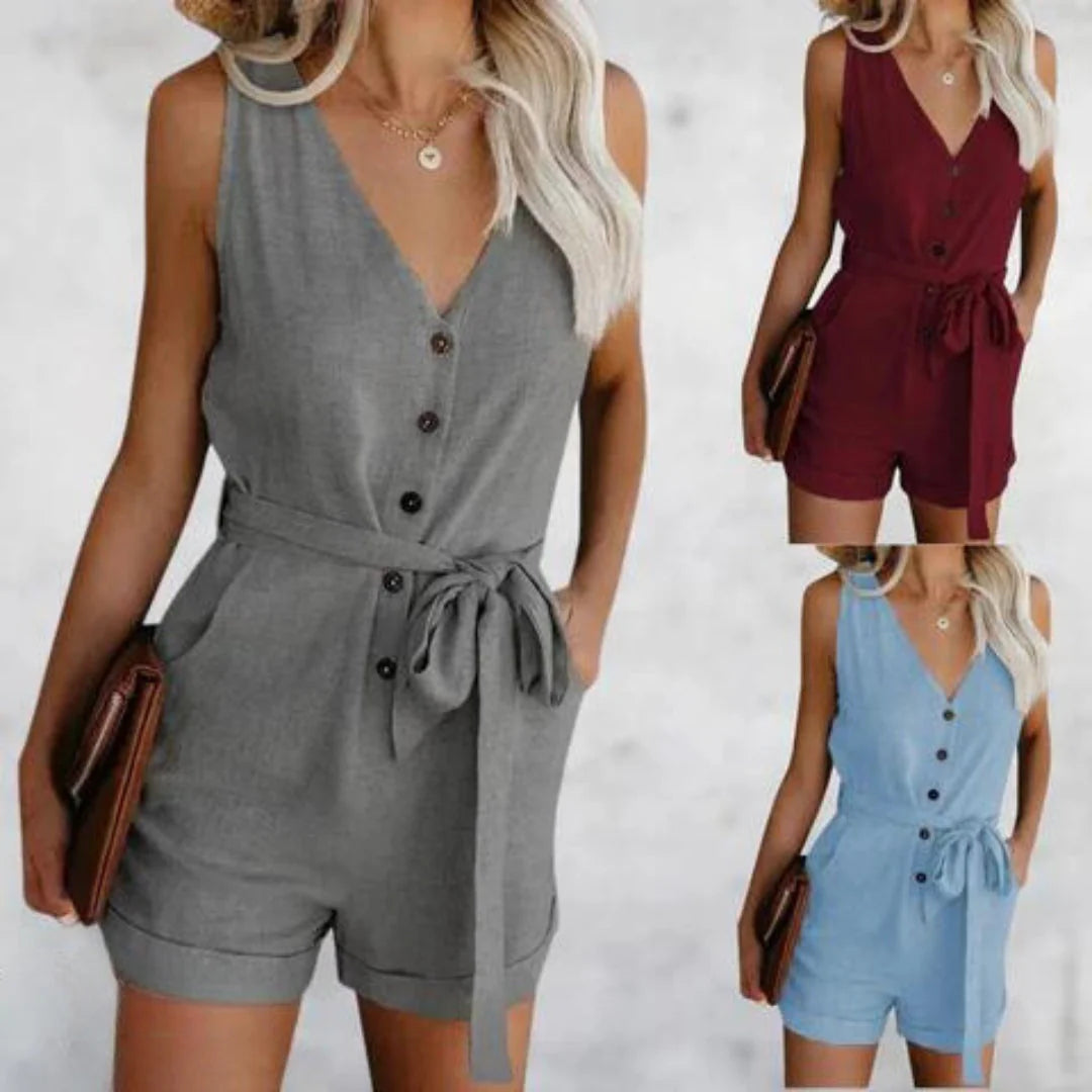 Selene - Buttoned V-Neck Romper with Tie Waist and Pockets